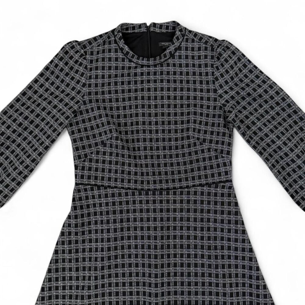 Ann Taylor Black Plaid Mock Neck Long Sleeve Lined Fit & Flare Dress - Size 8P - Picture 4 of 8